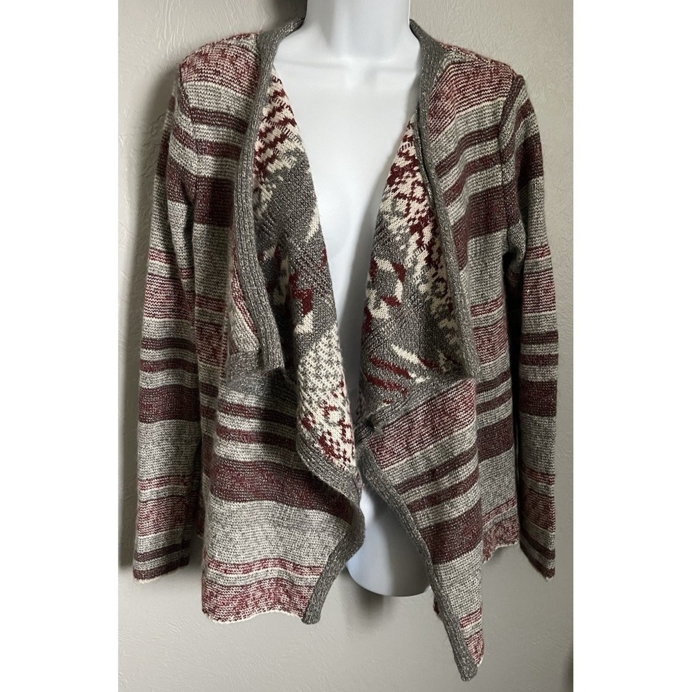 Natural Reflections Cardigan Womens‎ Sz Medium Maroon Striped Crochet Open Front